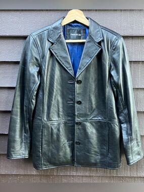 Vintage 90s Black Leather Jacket Lambskin Reefer Blazer S/M
